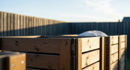 A close-up of a wooden compost bin in a backyard setting. The warm sunlight casts shadows on the wooden structure and fence, creating a serene atmosphere. The sky is clear.の素材
