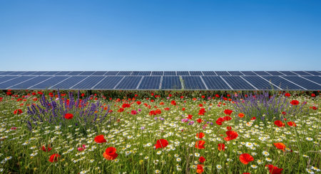 A vibrant field of wildflowers, including poppies and daisies, flourishes beneath a row of solar panels. The image captures the harmony between renewable energy and nature, under a clear blue sky.の素材