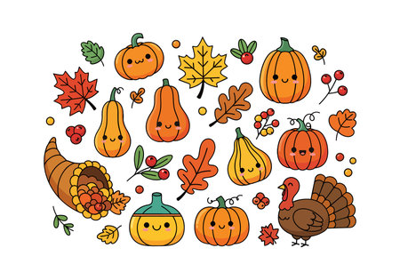 Thanksgiving doodle set. Hand drawn vector illustration. Cute pumpkins, leaves, acorns, berries, mushrooms.のイラスト素材