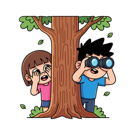 Boy and girl with binoculars and tree vector illustration graphic designのイラスト素材