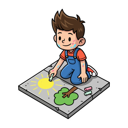 Cute boy drawing on the ground with crayons. Vector illustration.のイラスト素材