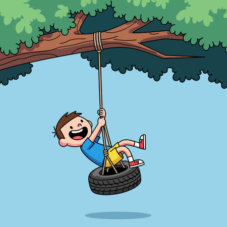 Boy swinging on a swing. Vector illustration in cartoon comic style.のイラスト素材