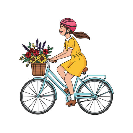 Brunette girl riding bicycle with basket of flowers vector illustration graphic designのイラスト素材