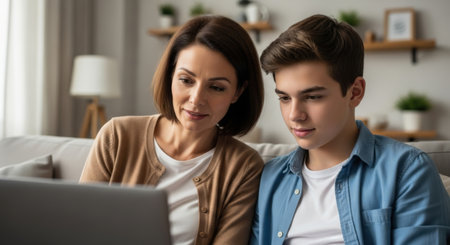 Mother and Teen Son Discussing Finances on Laptop at Homeの素材