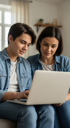 Family duo examining laptop financesの素材