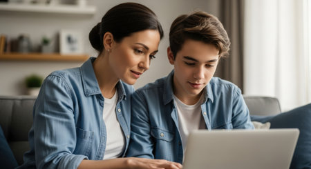 Mother and teenage son collaboratively reviewing laptop financesの素材