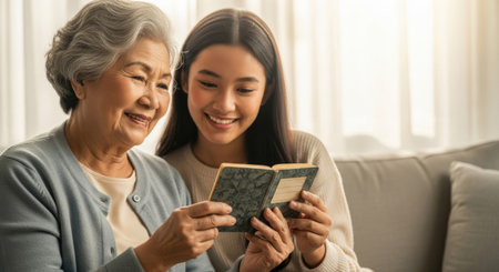 Generational Asian women review financial record bookの素材