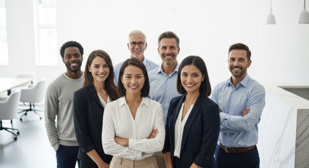Smiling Diverse Business Team Posing Confidently in Officeの素材