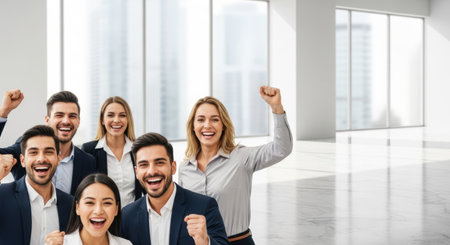 Joyful diverse business team raising fists in modern officeの素材