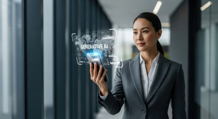 Businesswoman using smart phone and digital hologram screen in modern officeの素材