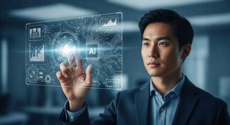 Businessman touching digital hologram with his finger on server room backgroundの素材