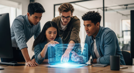 Group of business people in smart casual wear working together in modern office. They are using a digital tablet with hologram screens. Teamwork conceptの素材