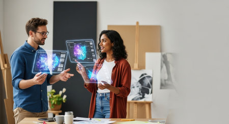 african american designer using digital tablet with hologram in officeの素材