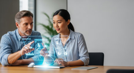 business, technology and people concept - smiling businesswoman pointing finger at virtual screen in officeの素材