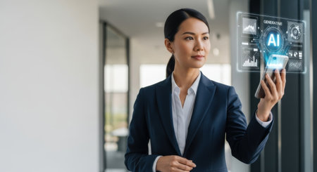 businesswoman using smartphone with artificial intelligence icon on screen in modern officeの素材