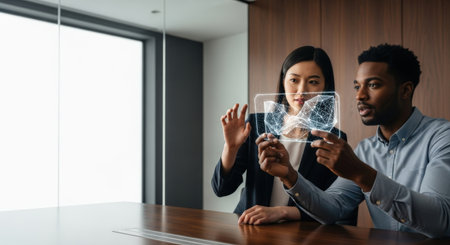 African american businessman and businesswoman looking at x-ray image in officeの素材
