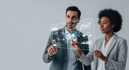 businessman and african american businesswoman working with virtual interfaceの素材