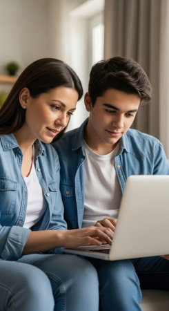 Beautiful young couple using laptop while sitting on the floor at homeの素材