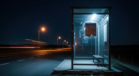 A long exposure of a car passing through an open bus stop.の素材