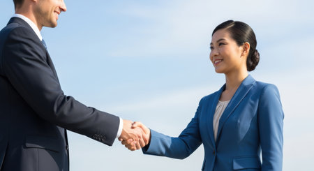 Businessman and businesswoman shaking hands with each other against blue skyの素材