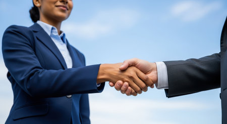 cropped shot of african american businesspeople shaking hands outdoorsの素材