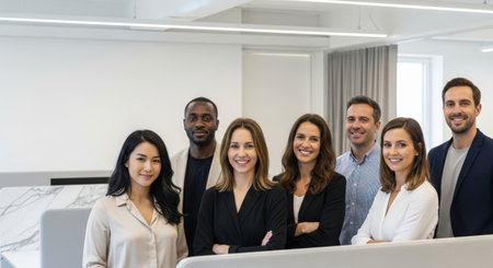 Portrait of happy multiethnic business team working together in officeの素材