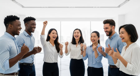 happy multiethnic businesspeople showing thumbs up in office, teamwork conceptの素材