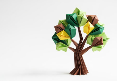 Origami tree made of paper on white background. 3D renderingの素材