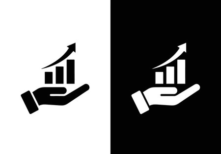 A stylized hand holds a bar graph with an arrow pointing upwards, symbolizing growth and success in a simple, flat design.のイラスト素材