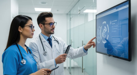 Doctor and nurse looking at x-ray in hospital. Medical healthcare and doctor staff service.の素材