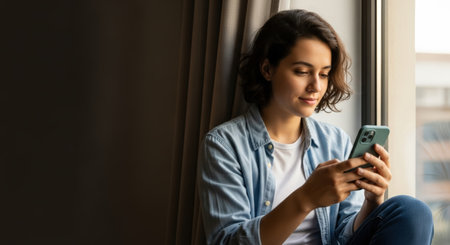 young woman using smartphone while sitting on window sill at home, panoramaの素材