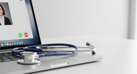 Stethoscope on laptop computer. Concept of online medical consultation.の素材