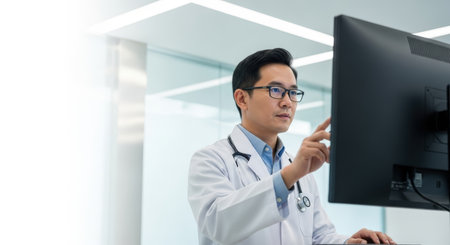 asian male doctor using computer in office. medical and technology conceptの素材