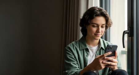 Young woman using mobile phone while sitting on the windowsill at homeの素材