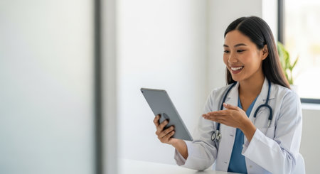 Portrait of smiling female doctor using digital tablet in medical office.の素材