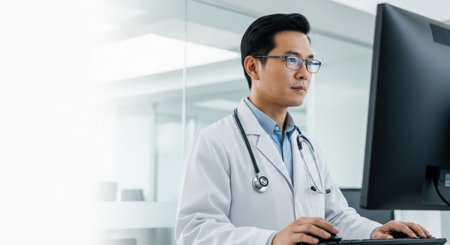 asian male doctor working with computer in office. medical and healthcare conceptの素材
