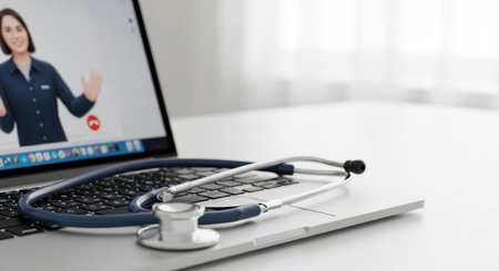 Stethoscope on laptop screen. Online medical consultation and healthcare concept.の素材