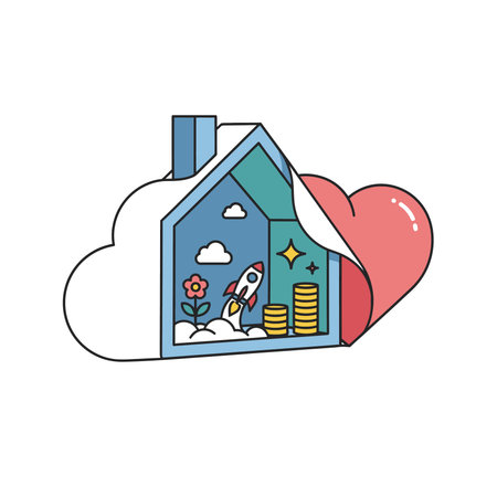 Stylized house icon containing a rocket launching, flower, coins, cloud, and partially covered by a heart shape, all in a flat, outlined design.のイラスト素材