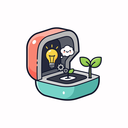 Cartoon illustration of a machine with a lightbulb, gears, a sprout, and a smiling cloud, rendered in a cute, colorful style with thick outlines.のイラスト素材