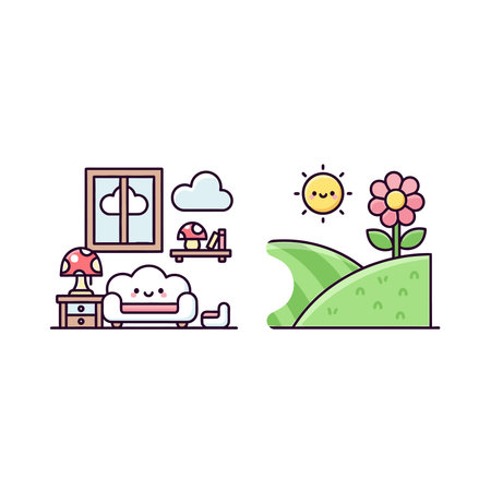 Cartoon illustration featuring a room with a cloud couch and a nature scene with a smiling sun and flower, rendered in a cute, kawaii style.のイラスト素材