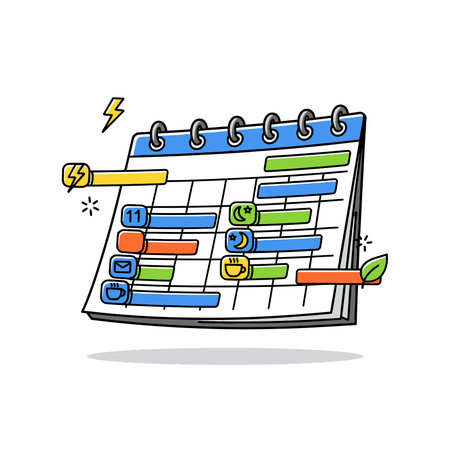Cartoon style calendar with blue rings, task icons, and colorful bars indicating schedules, featuring the number eleven.のイラスト素材