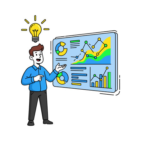 Cartoon man in blue shirt presenting data charts, with a lightbulb above his head, indicating an idea or solution.のイラスト素材