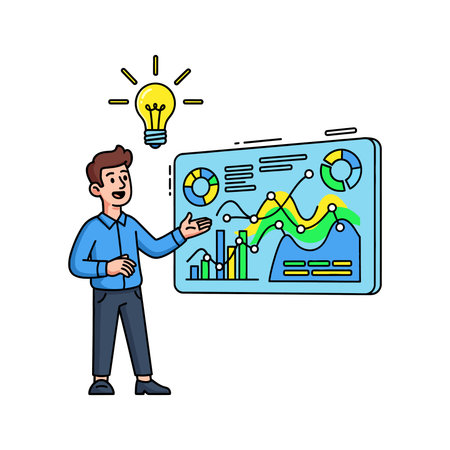 Cartoon man in blue shirt presenting data on a screen with charts, graphs, and a lightbulb idea above.のイラスト素材