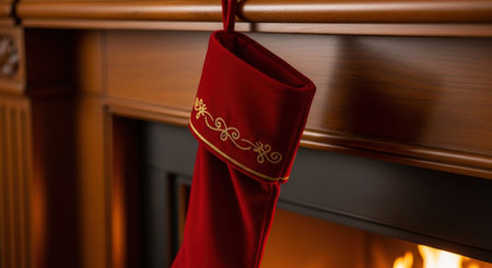 Close-up of a red napkin hanging on a fireplace.の素材