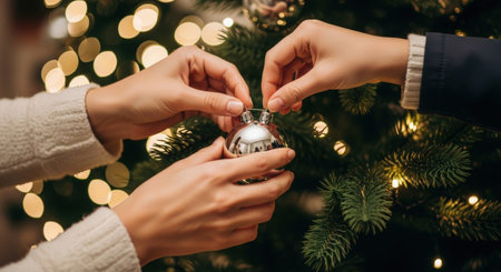 cropped view of mother and daughter decorating christmas tree togetherの素材