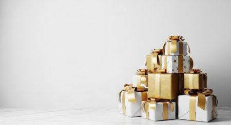 Golden gift boxes on white background with copy space. 3d renderingの素材