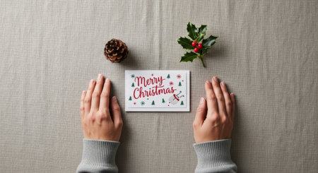 Merry Christmas and Happy Holidays greeting card mockup. Female hands decorating christmas greeting card.の素材
