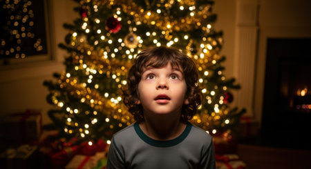 Young boy in front of a christmas tree looking at the cameraの素材
