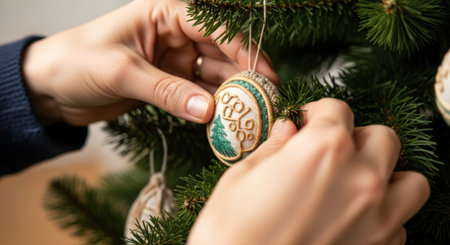 Close-up of female hands decorating Christmas tree with gingerbread cookiesの素材