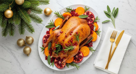 Roasted turkey garnished with pomegranate and rosemary on white marble backgroundの素材